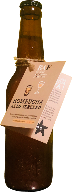 Bottiglia di kombucha BAF allo zenzero, con spago e cartellino
